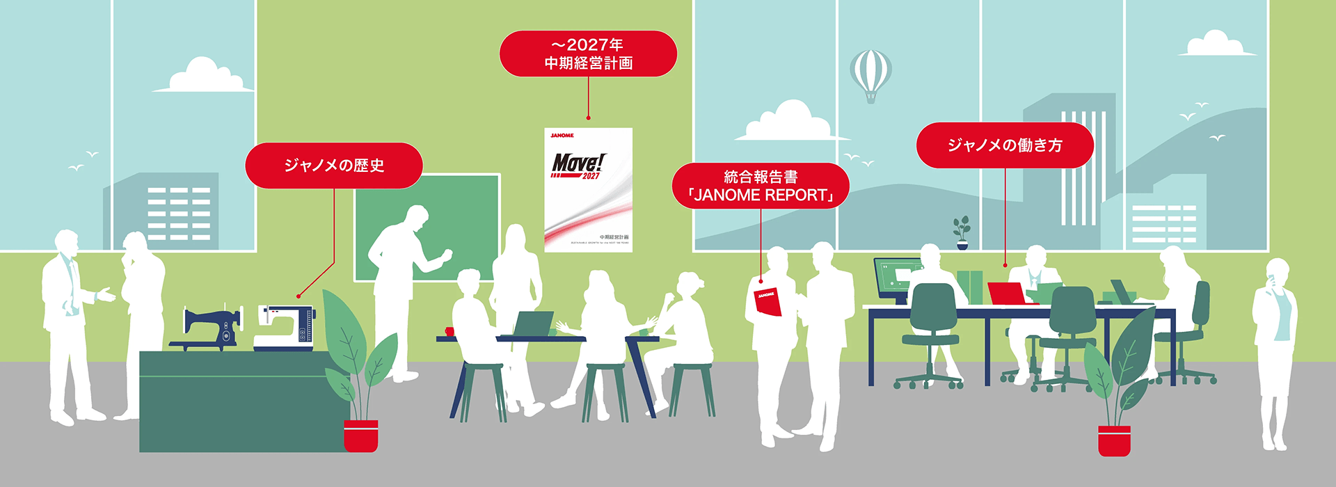 ジャノメの歴史・中期経営計画・統合報告書JANOME REPORT・ジャノメの働き方を紹介するオフィスのイラスト